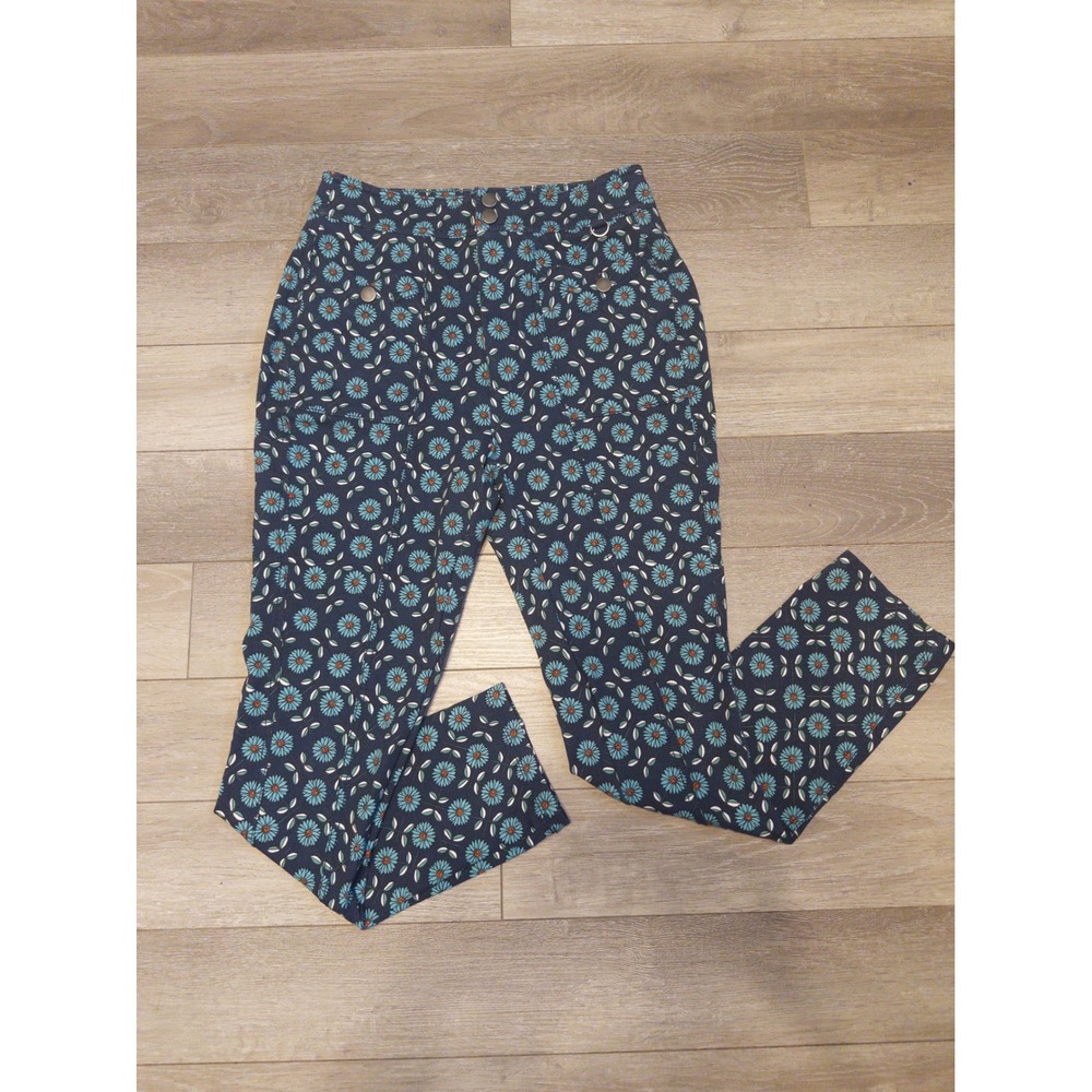 Maeve Anthropologie Pants Womens 4 Blue Daisy Floral High Rise Slim Leg Trousers